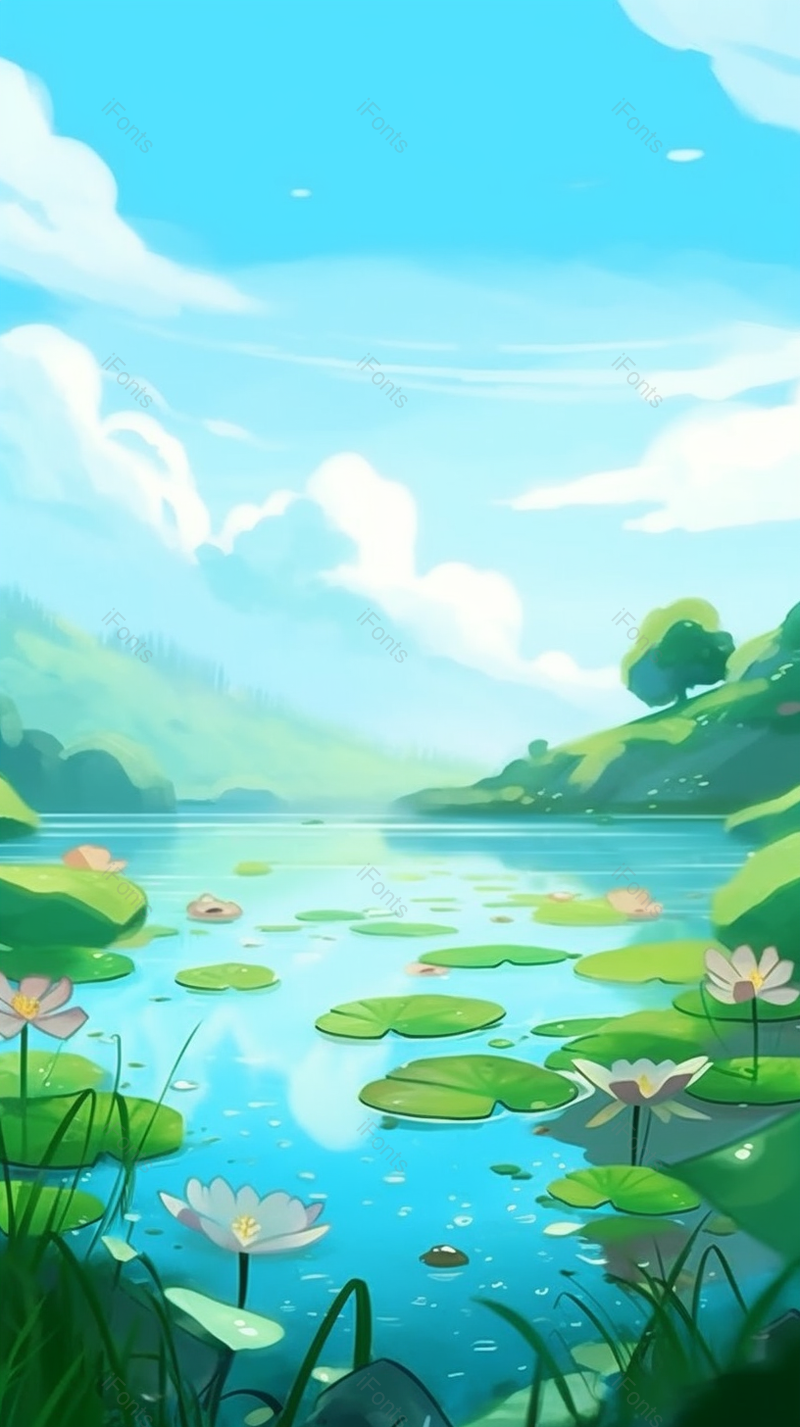 草丛中一望无际的湖泊夏季蓝天山川节气绿色荷花荷叶池塘河流清澈清爽插画,插画/手绘图,插画/手绘图库,插画/手绘图下载,插画/手绘